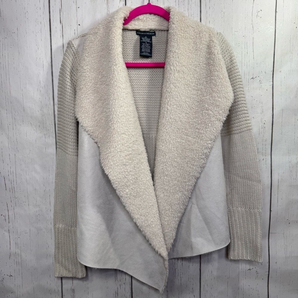 Chelsea & Theodore Sherpa Open Cardigan S Beige Knit Waterfall Cozy Soft